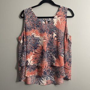 Liz Claiborne Women’s Boho Floral Tiered Tank Blouse Coral Blue Sleeveless L